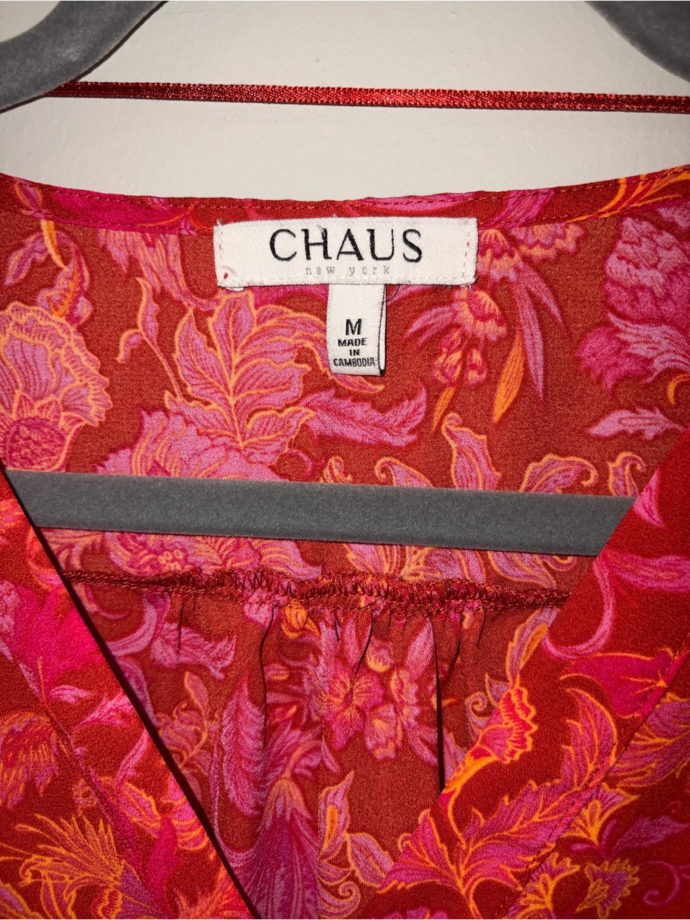 Chaus Floral V-Neck Blouse in Red, Pink and Orange